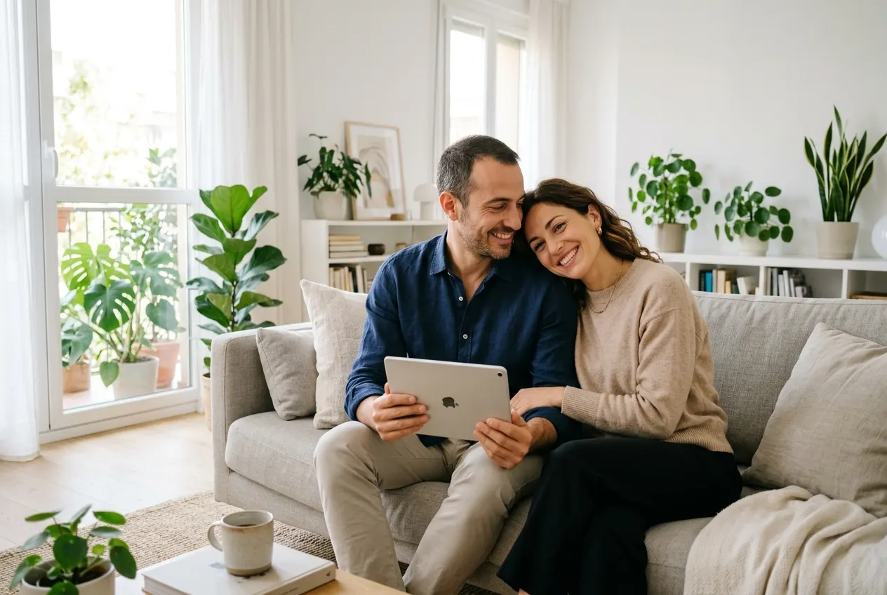 Coppia sorridente che consulta il progetto della propria casa su un tablet